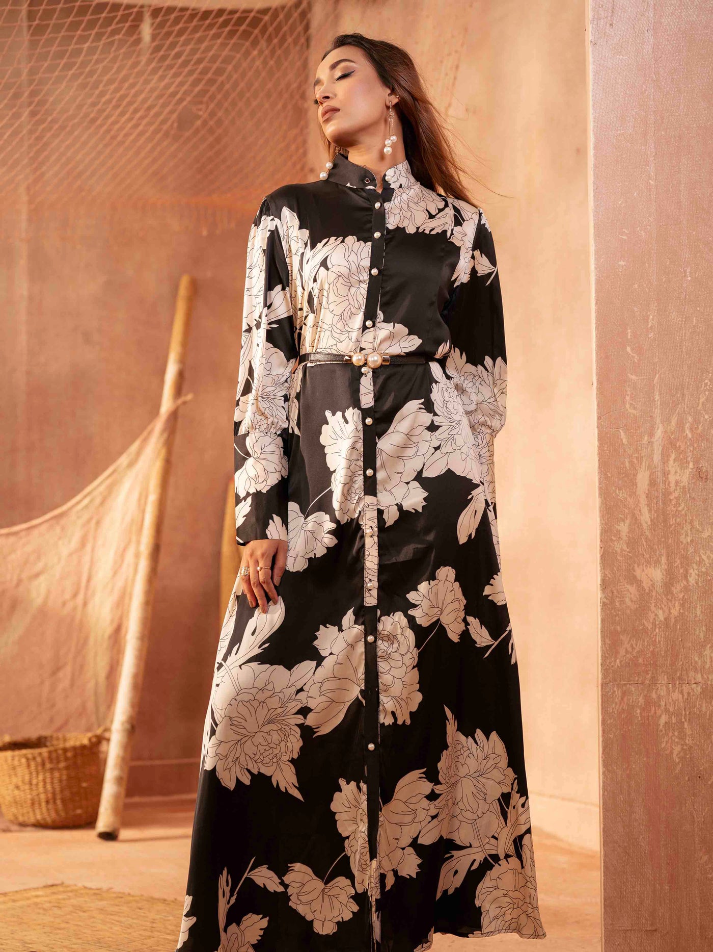 Black flaky Cream Floral printed Female Long Gown
