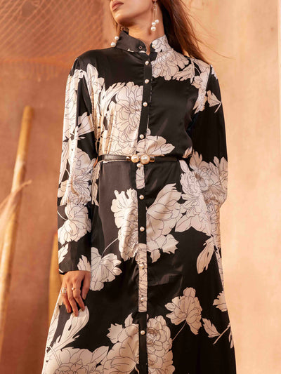 Black flaky Cream Floral printed Female Long Gown