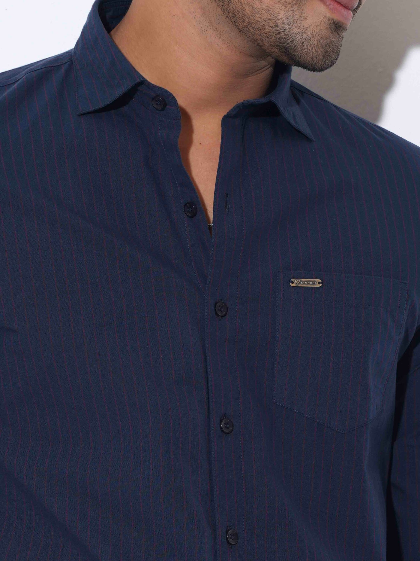 Deep blue pink stripped band collar shirt