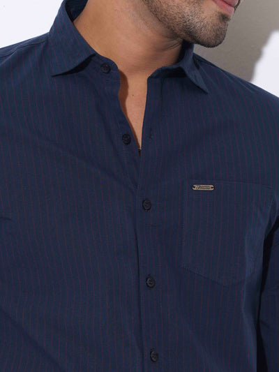 Deep blue pink stripped band collar shirt