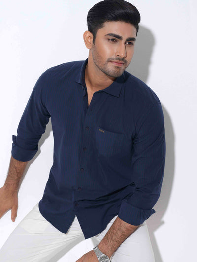 Deep blue pink stripped band collar shirt