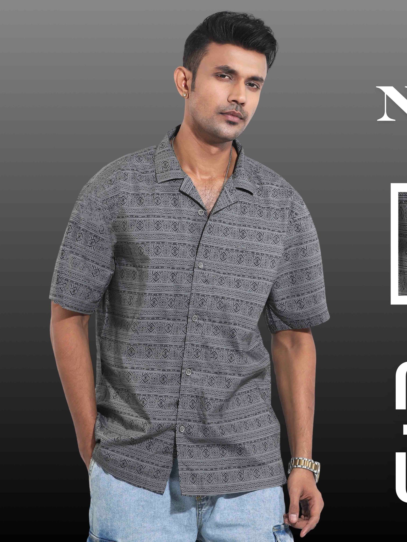 Dark gray horizontal stripe printed Havana shirt