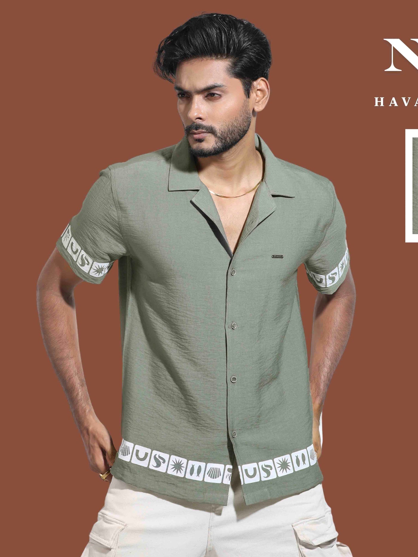 Olive color hand and waist printed Havana shirt