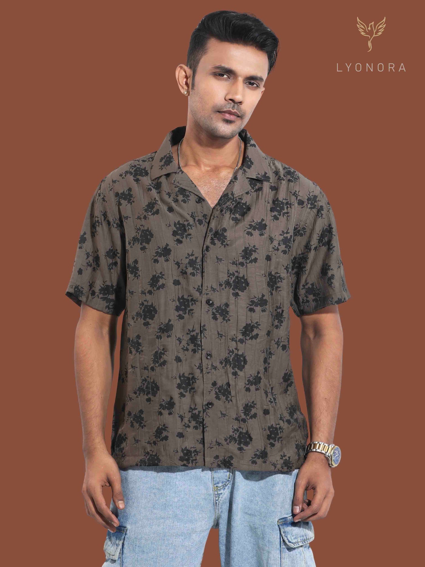 Dark Coffee Floral Printed Havana Shirt