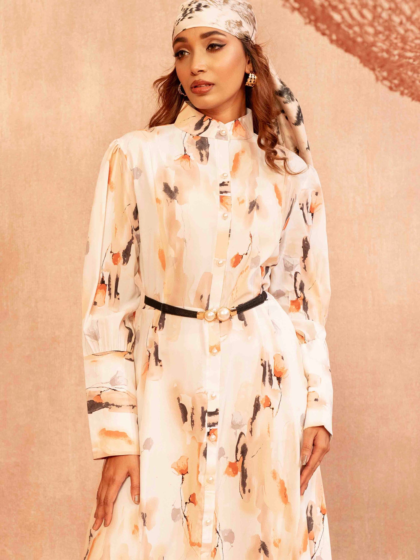 White orange black printed Female Long Gown