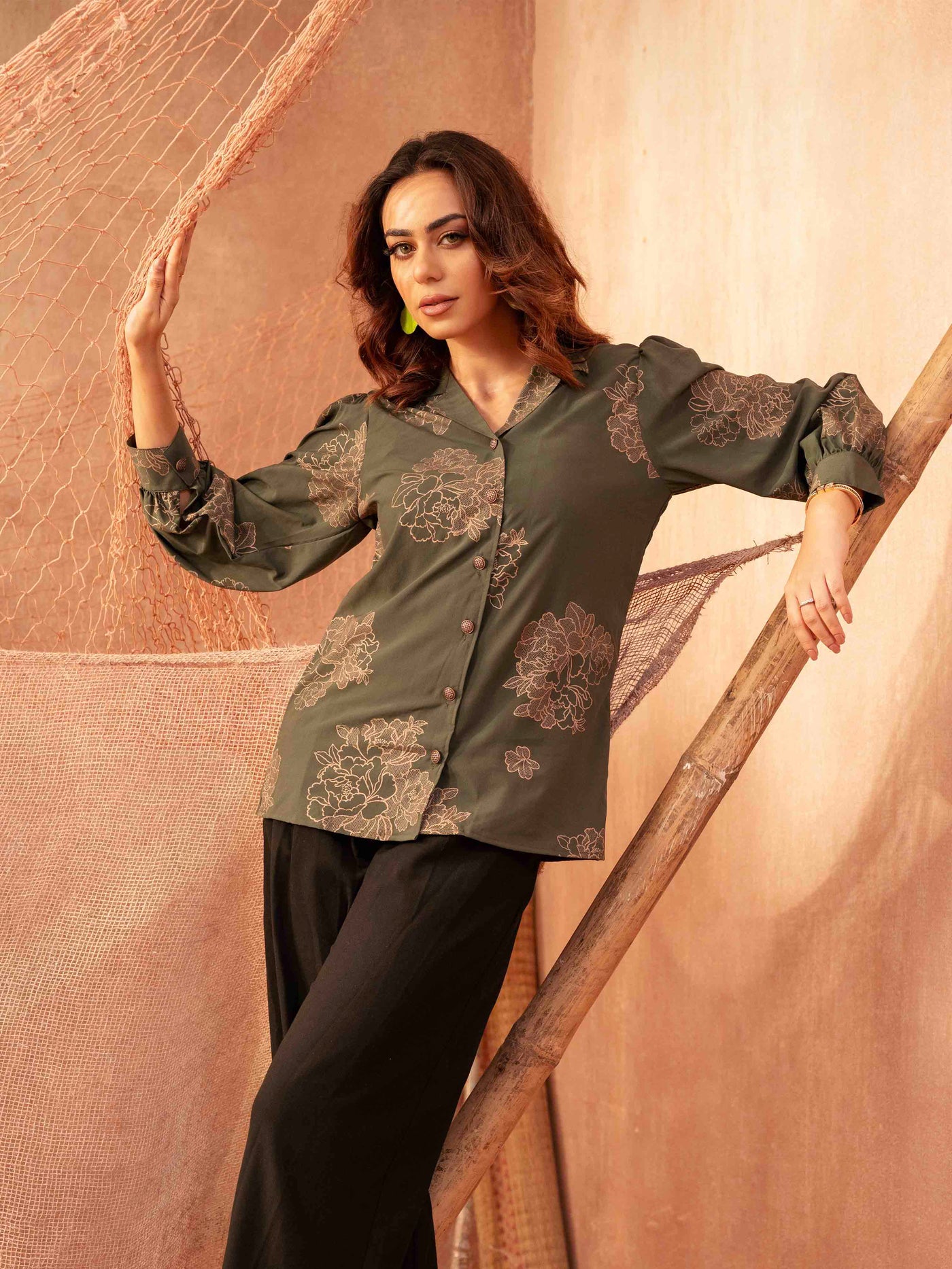 Green Color With Golden Floral Printed Female Shirt