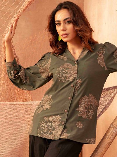 Green Color With Golden Floral Printed Female Shirt