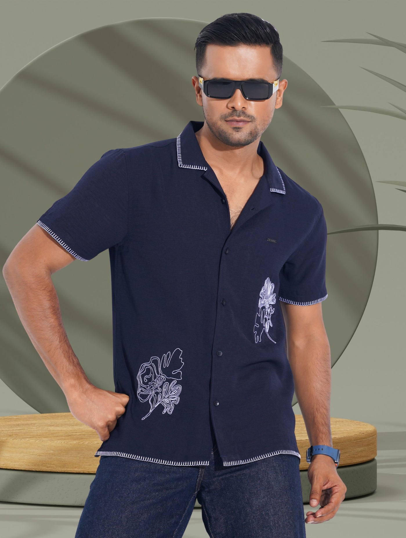 Deep Blue Flower Embroidery Viscos havana shirt