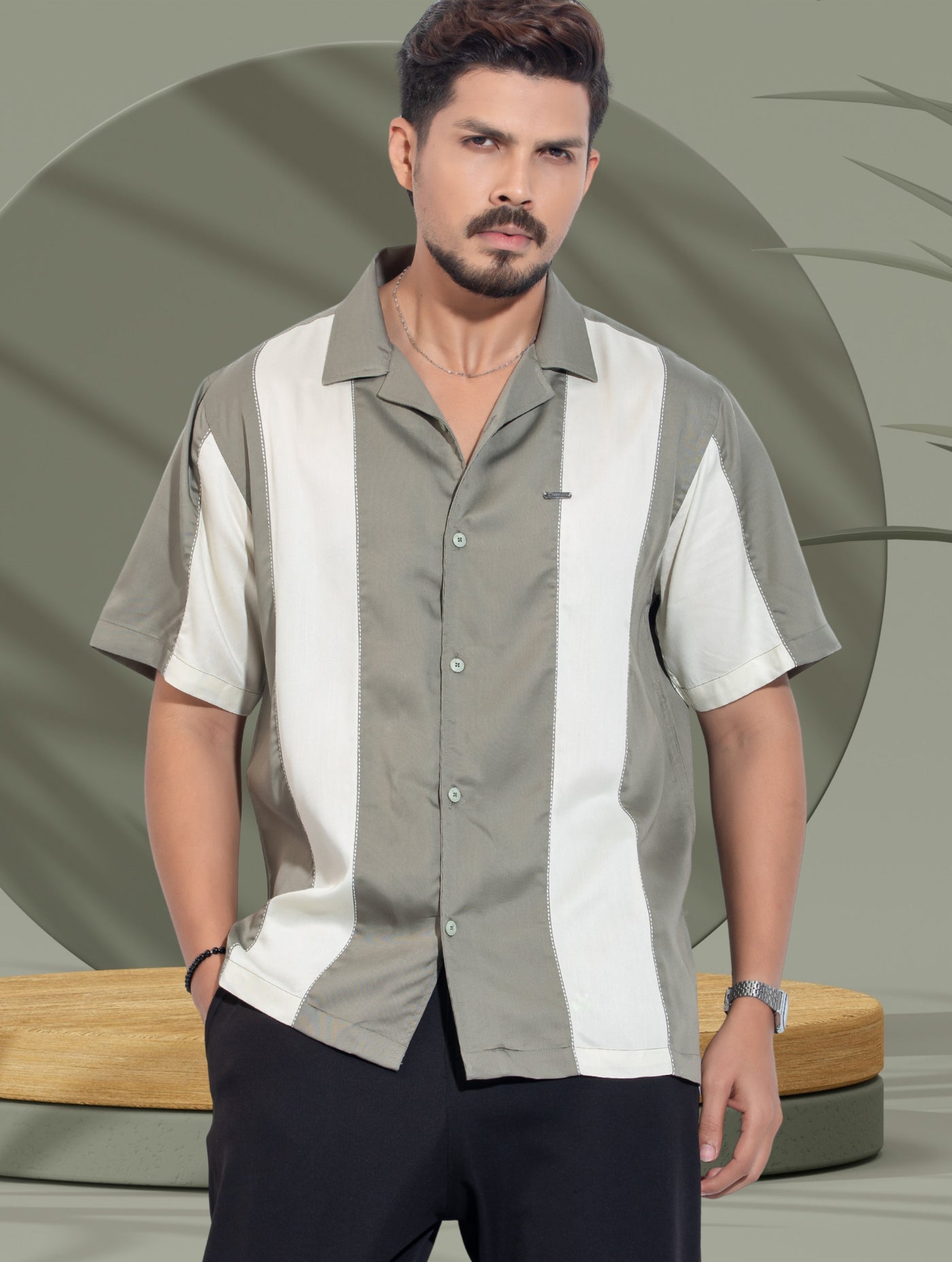 Olive off white thread design Tencel Linen havana shirt