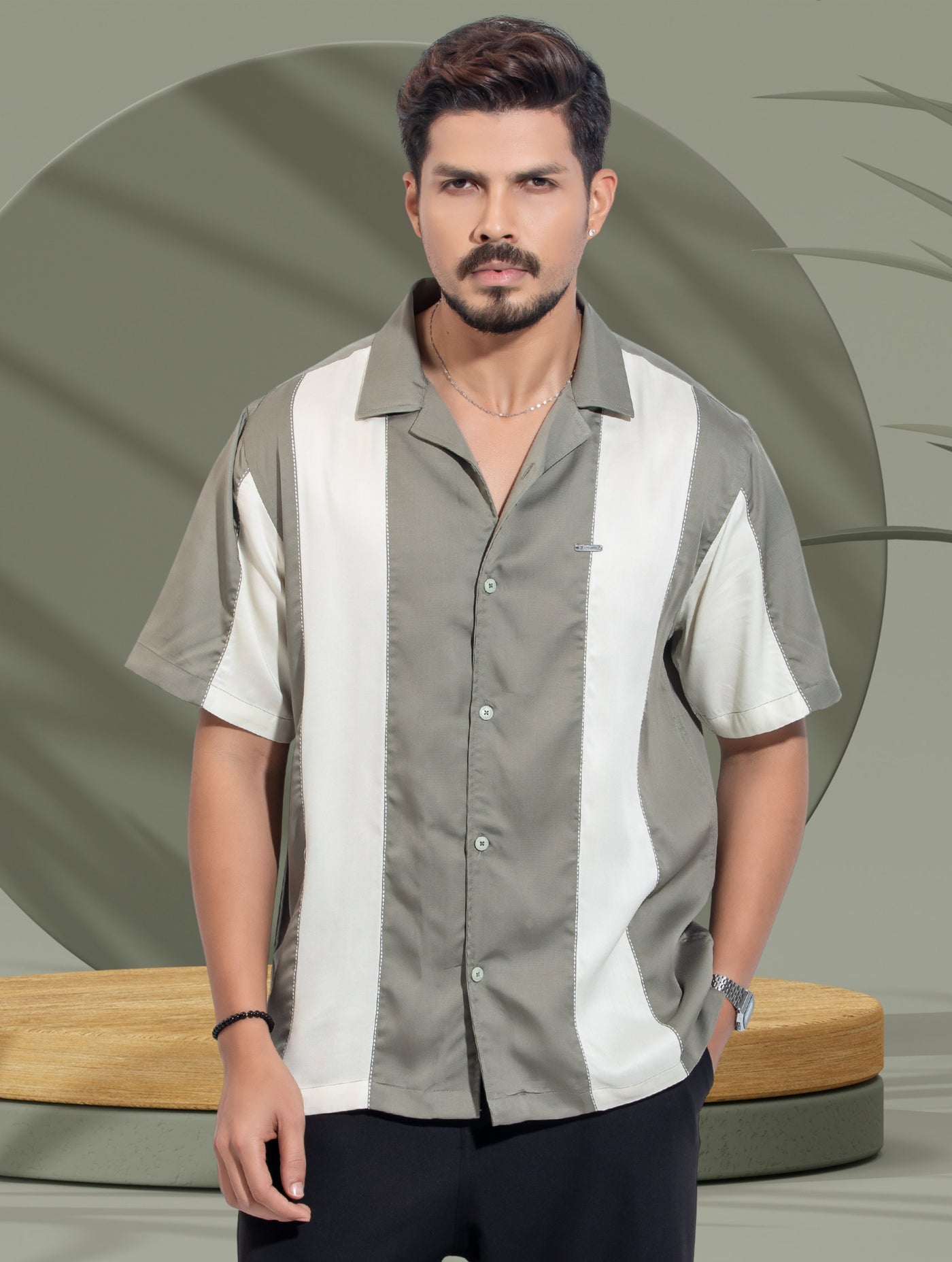 Olive off white thread design Tencel Linen havana shirt