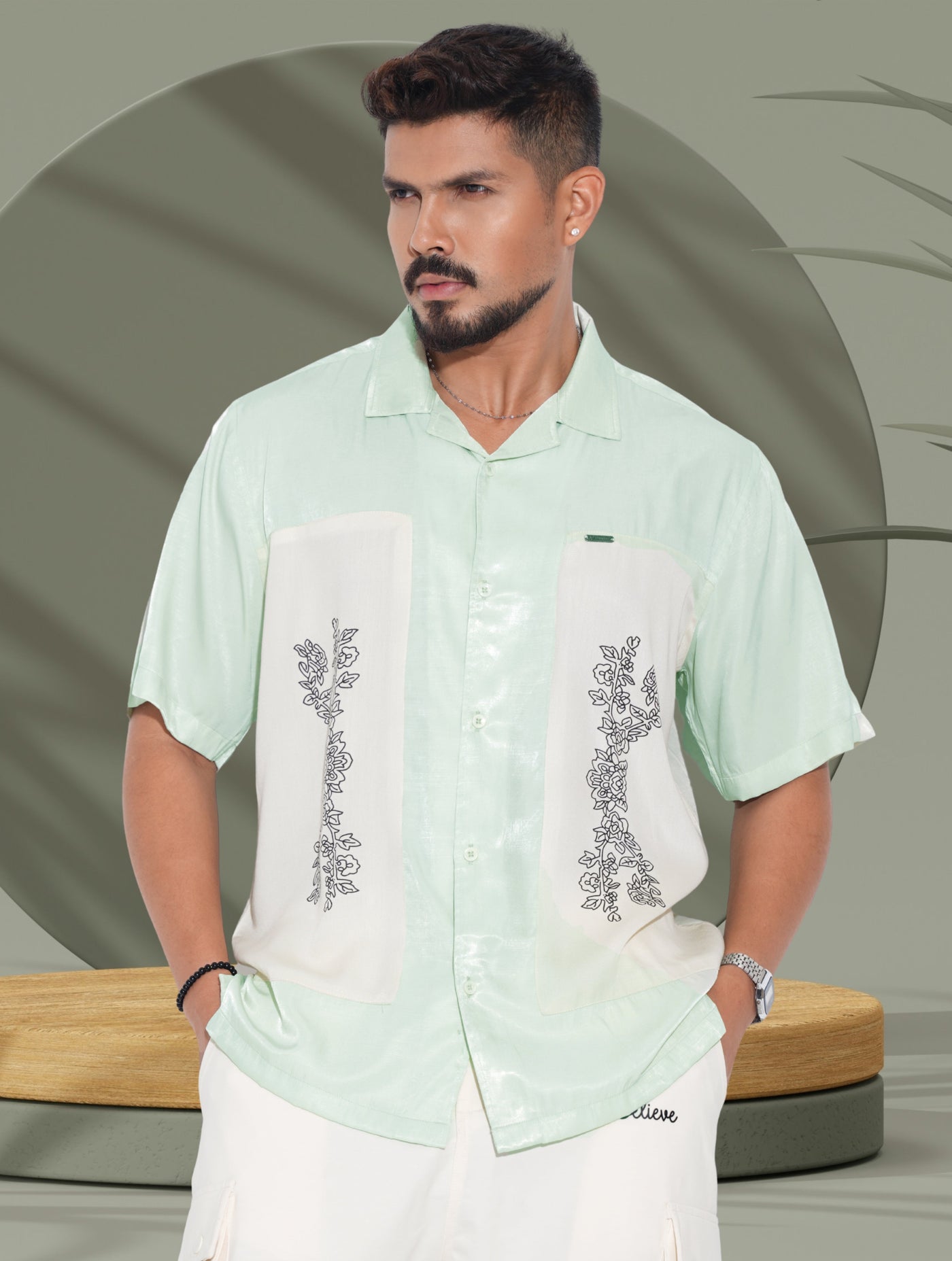 Paste color cream embroidey design premium havana shirt