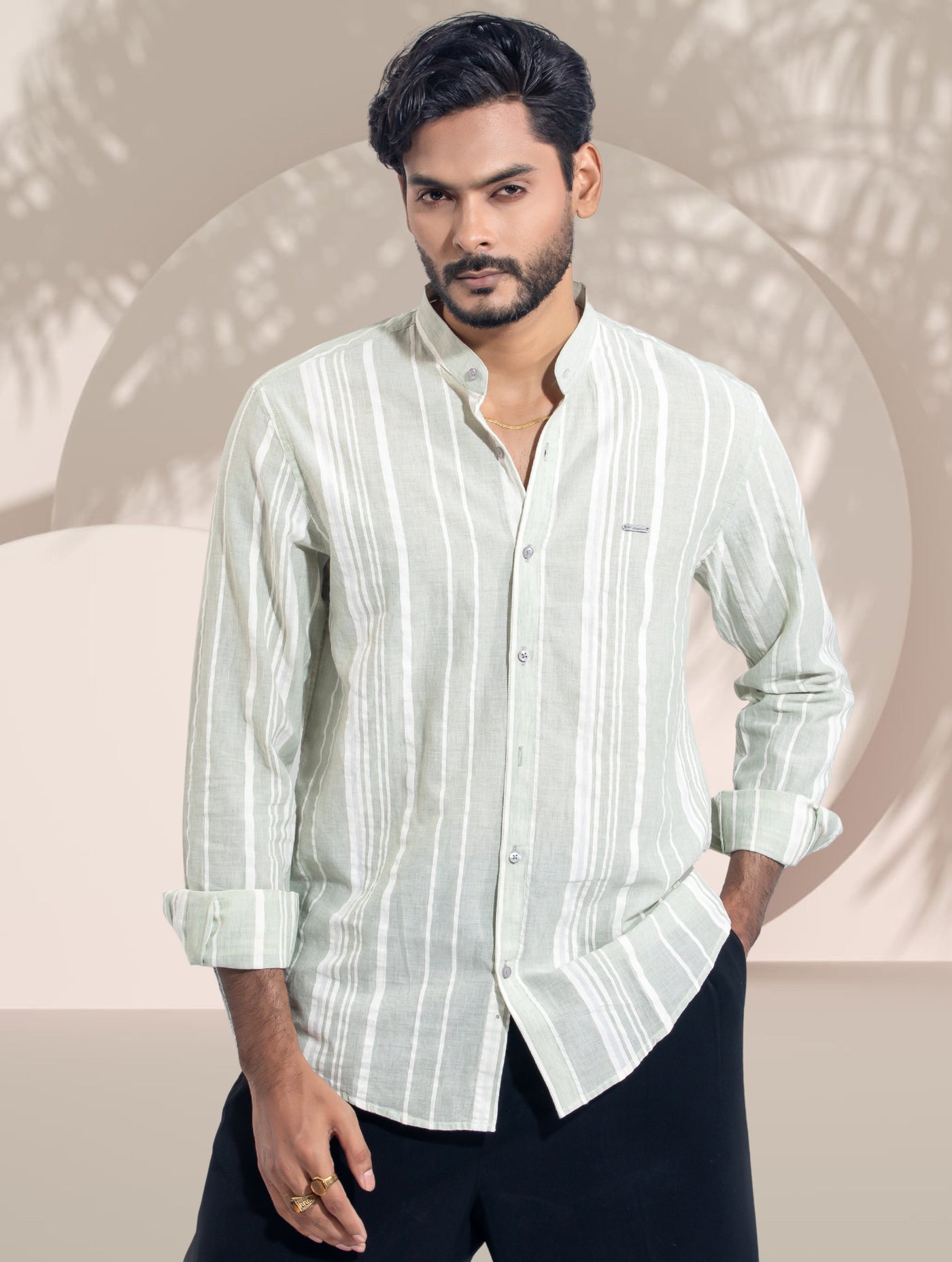 Light Olive Cream stripped band collar shirt