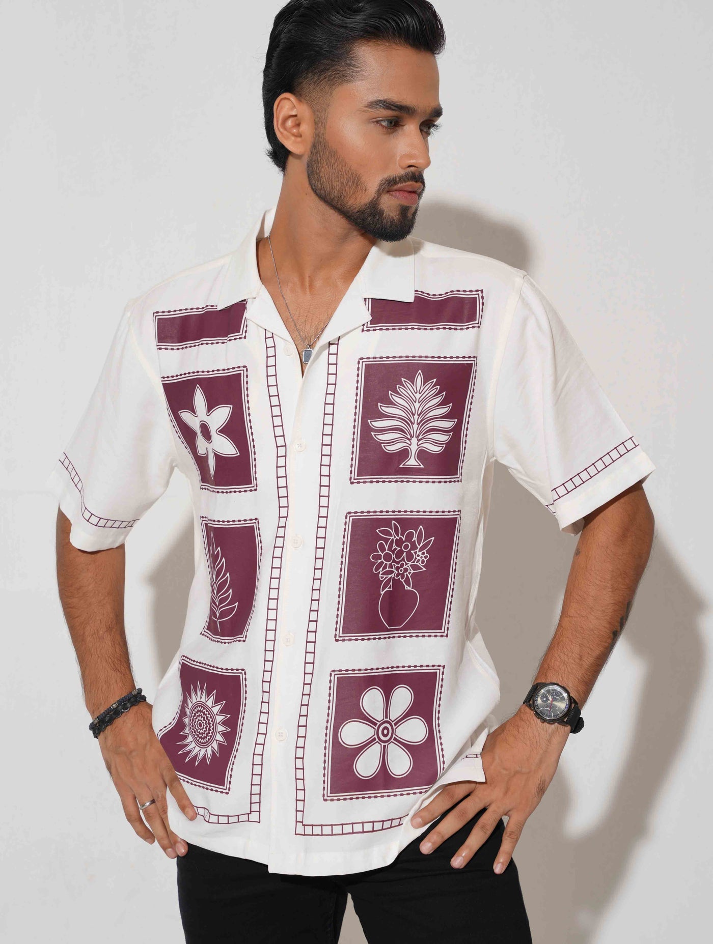 White Block Flower printed havana shirt