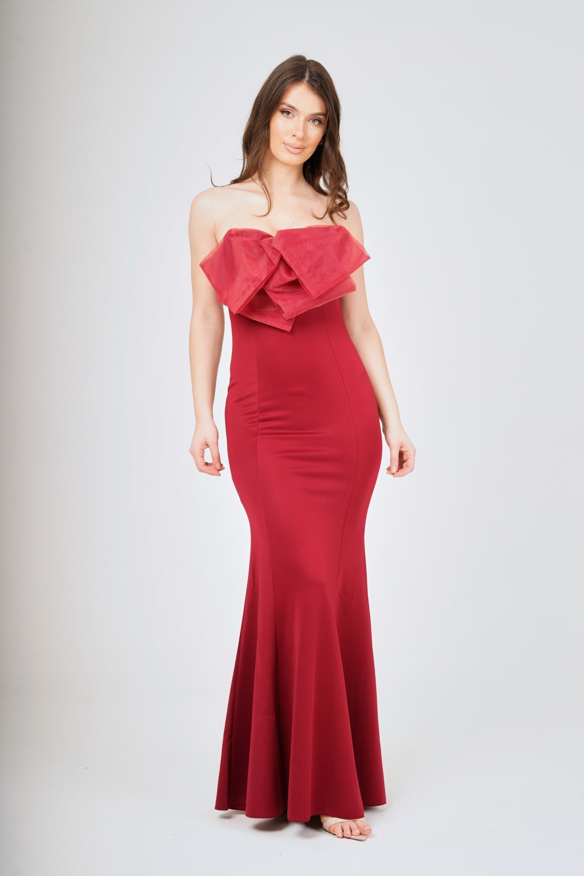 Wine Off- Shoulder Bow-Tie Maxi Dress