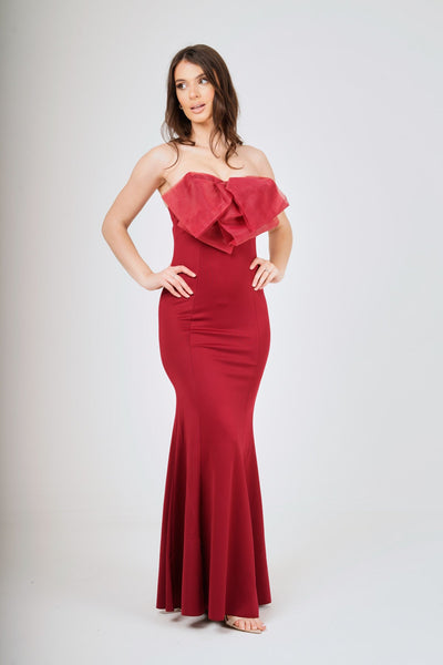 Wine Off- Shoulder Bow-Tie Maxi Dress