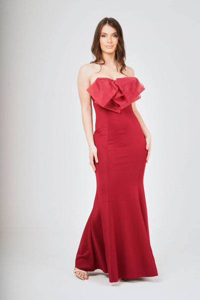 Wine Off- Shoulder Bow-Tie Maxi Dress