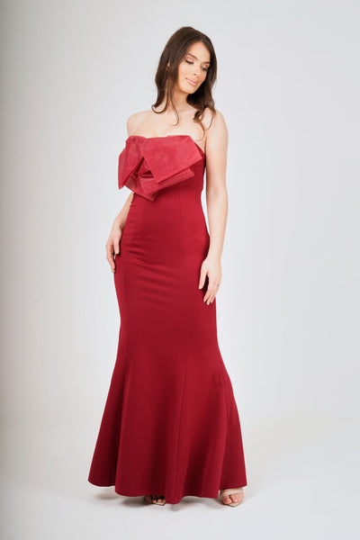 Wine Off- Shoulder Bow-Tie Maxi Dress