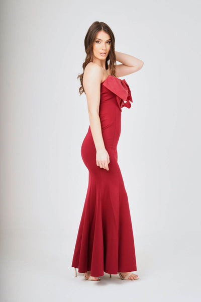 Wine Off- Shoulder Bow-Tie Maxi Dress