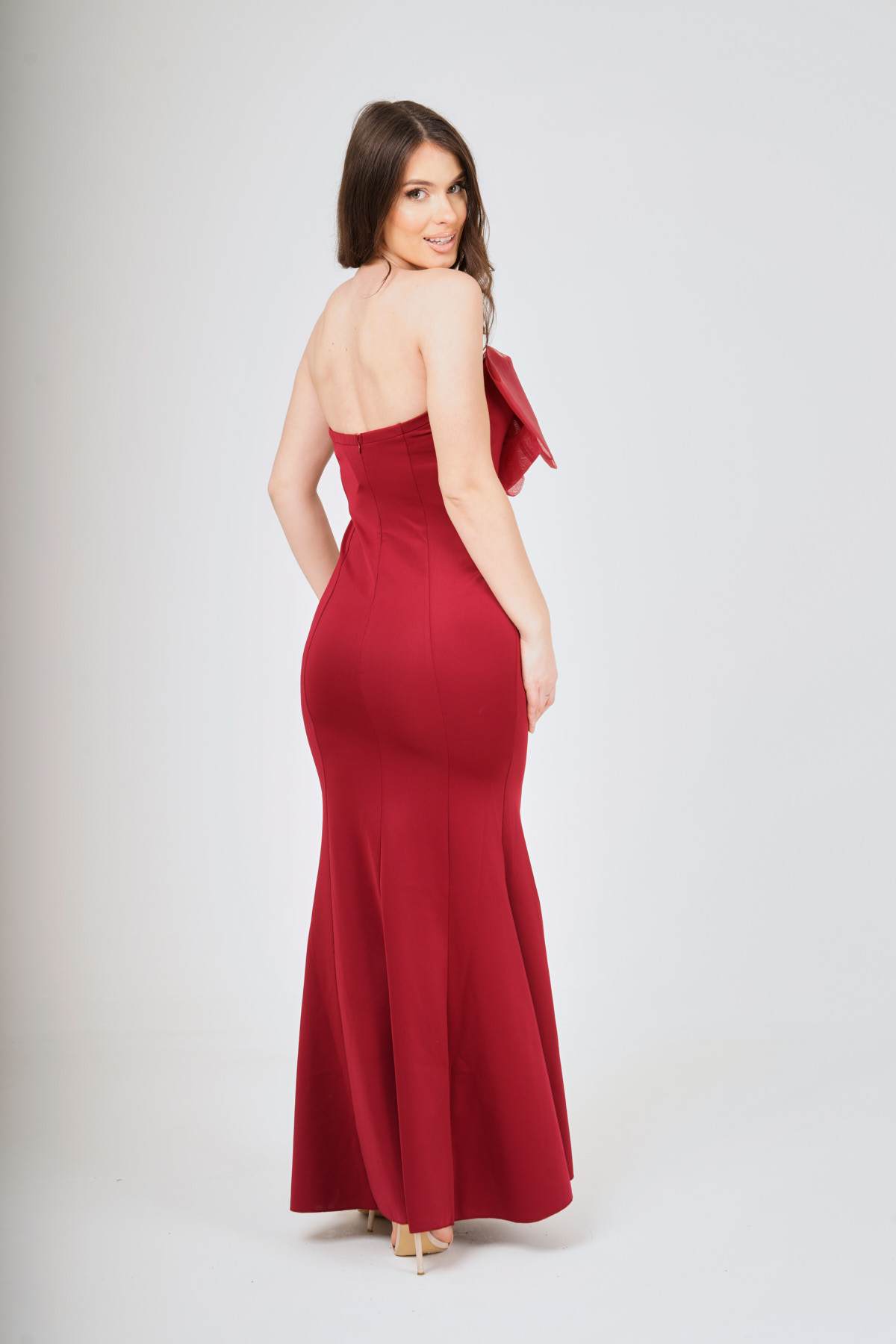 Wine Off- Shoulder Bow-Tie Maxi Dress