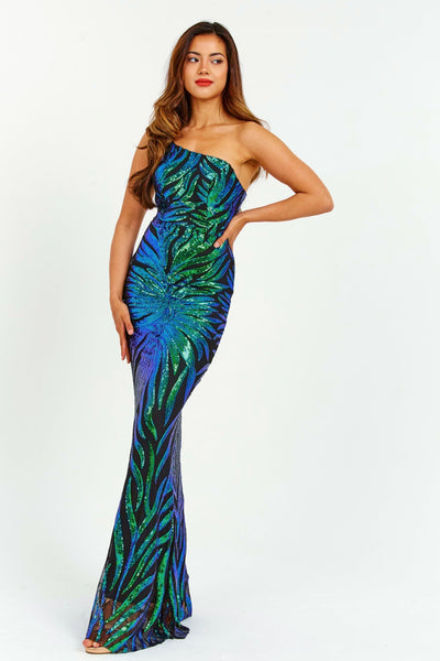 Emerald 3D Sequin Gradient One Strap Shoulder Sequin Maxi Dress