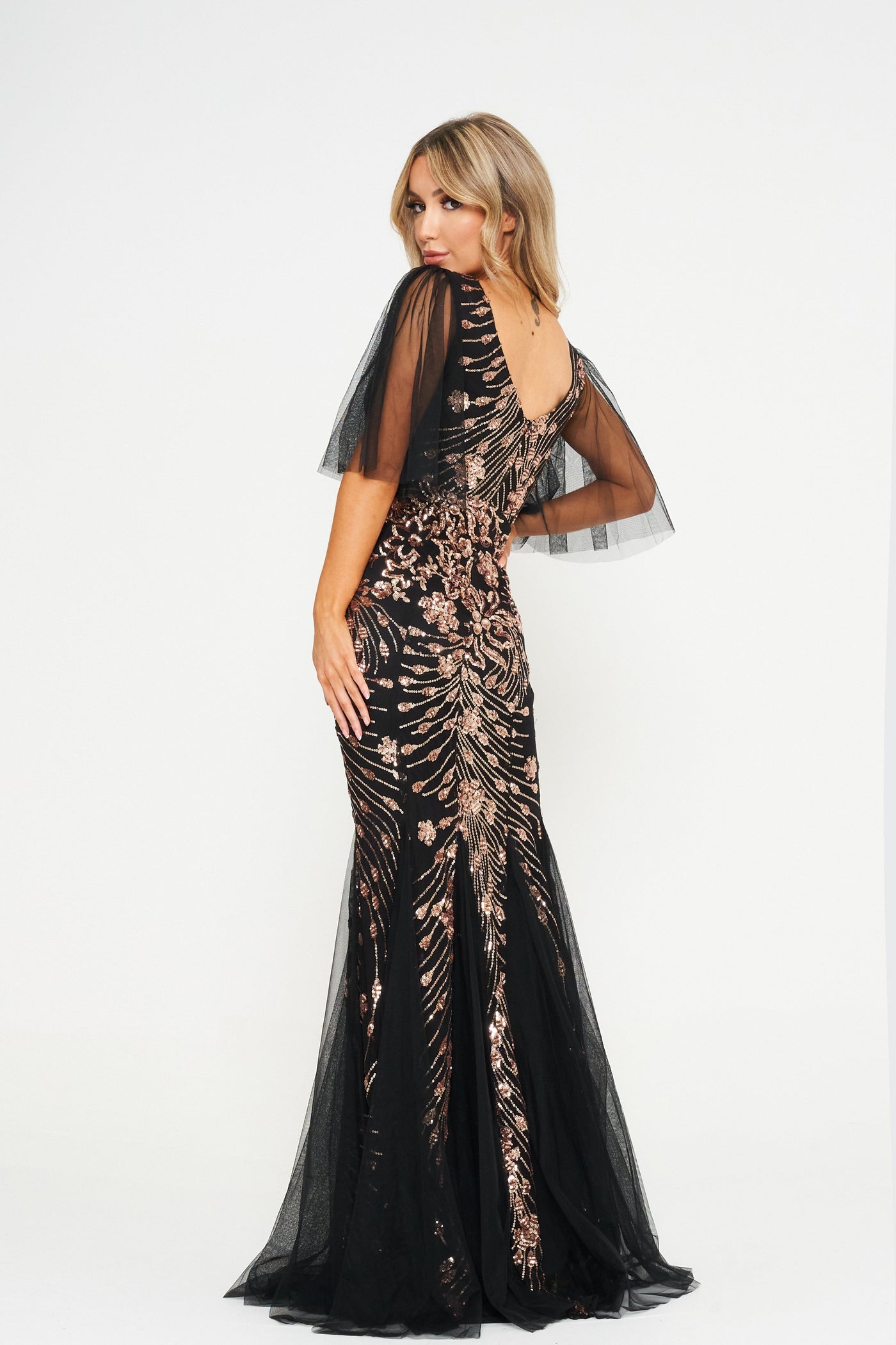 Black Flared Sleeve Sequin & Mesh Maxi Dress