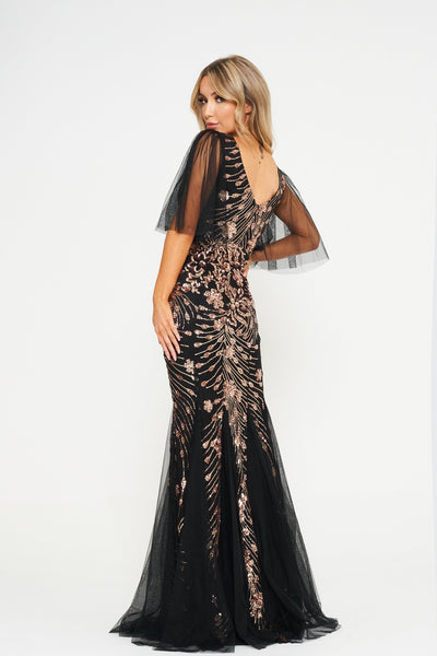 Black Flared Sleeve Sequin & Mesh Maxi Dress
