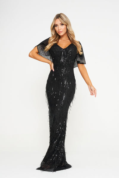 Black Butterfly Sleeve Sequin Maxi Dress