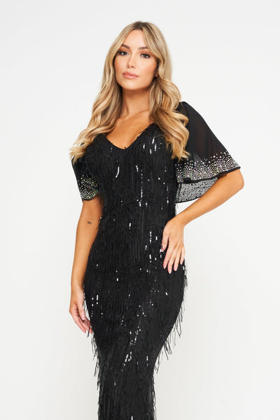 Black Butterfly Sleeve Sequin Maxi Dress