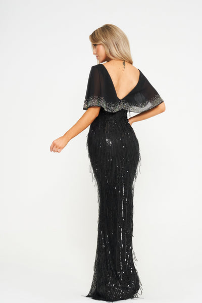 Black Butterfly Sleeve Sequin Maxi Dress