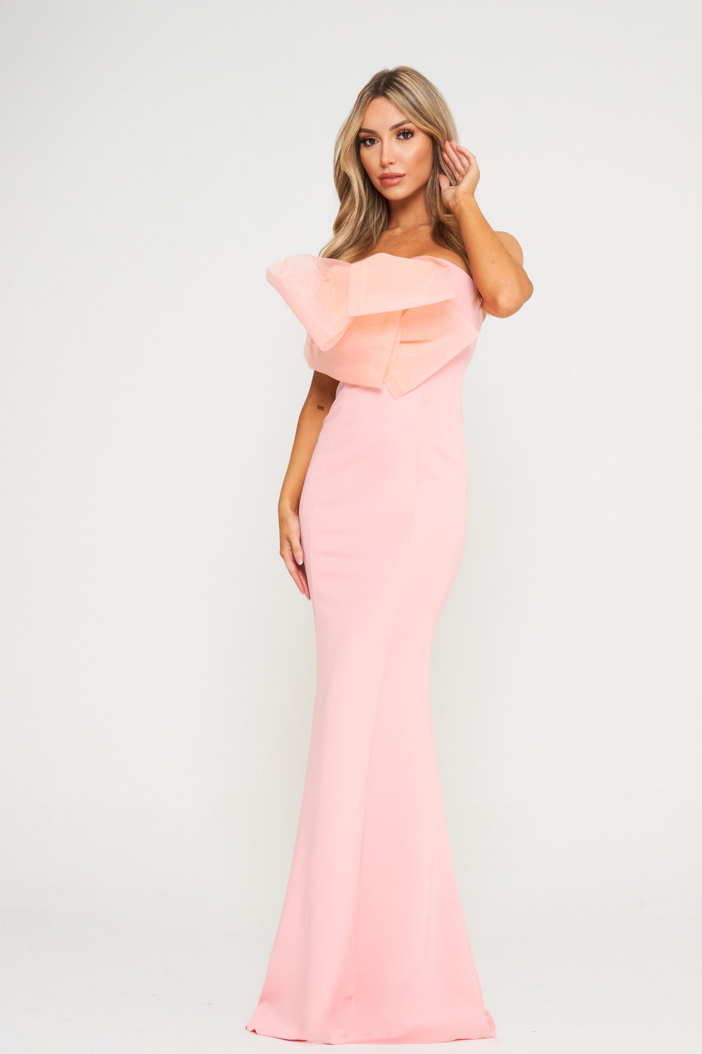 Pink Off Shoulder Bow Detail Maxi Dress