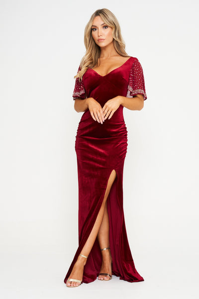 Wine Flared Sleeve Velvet Maxi Dress