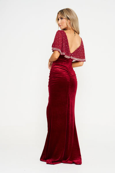 Wine Flared Sleeve Velvet Maxi Dress
