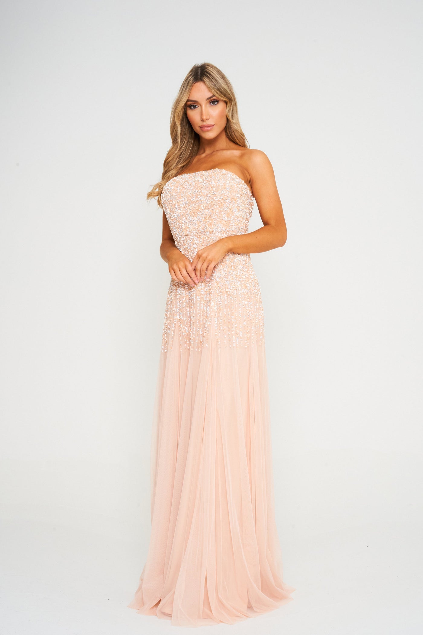 Peach Off-Shoulder Sequin Embellished Maxi Dress