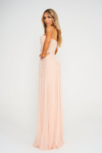Peach Off-Shoulder Sequin Embellished Maxi Dress