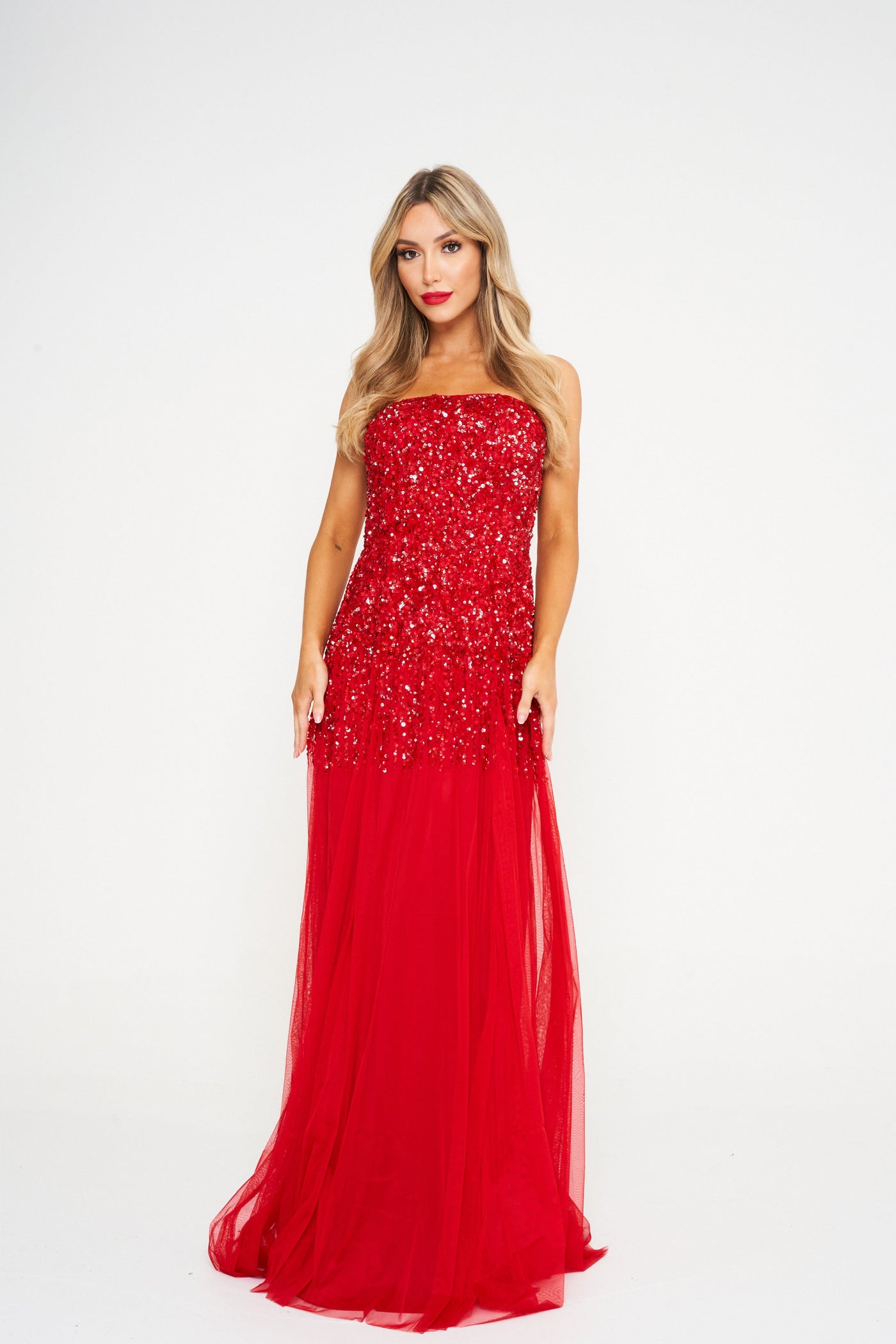 Red Off-Shoulder Sequin Embellished Maxi Dress
