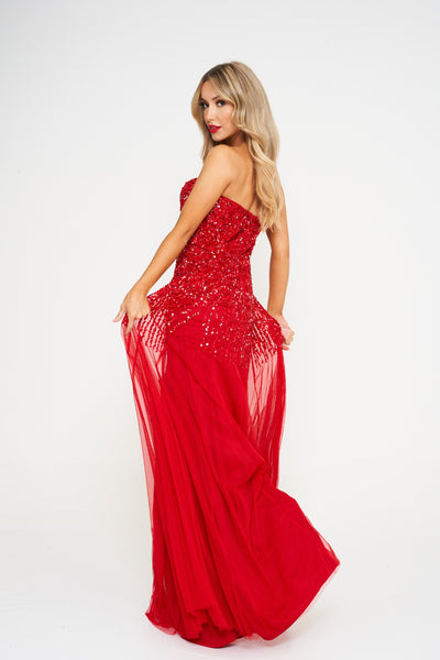 Red Off-Shoulder Sequin Embellished Maxi Dress