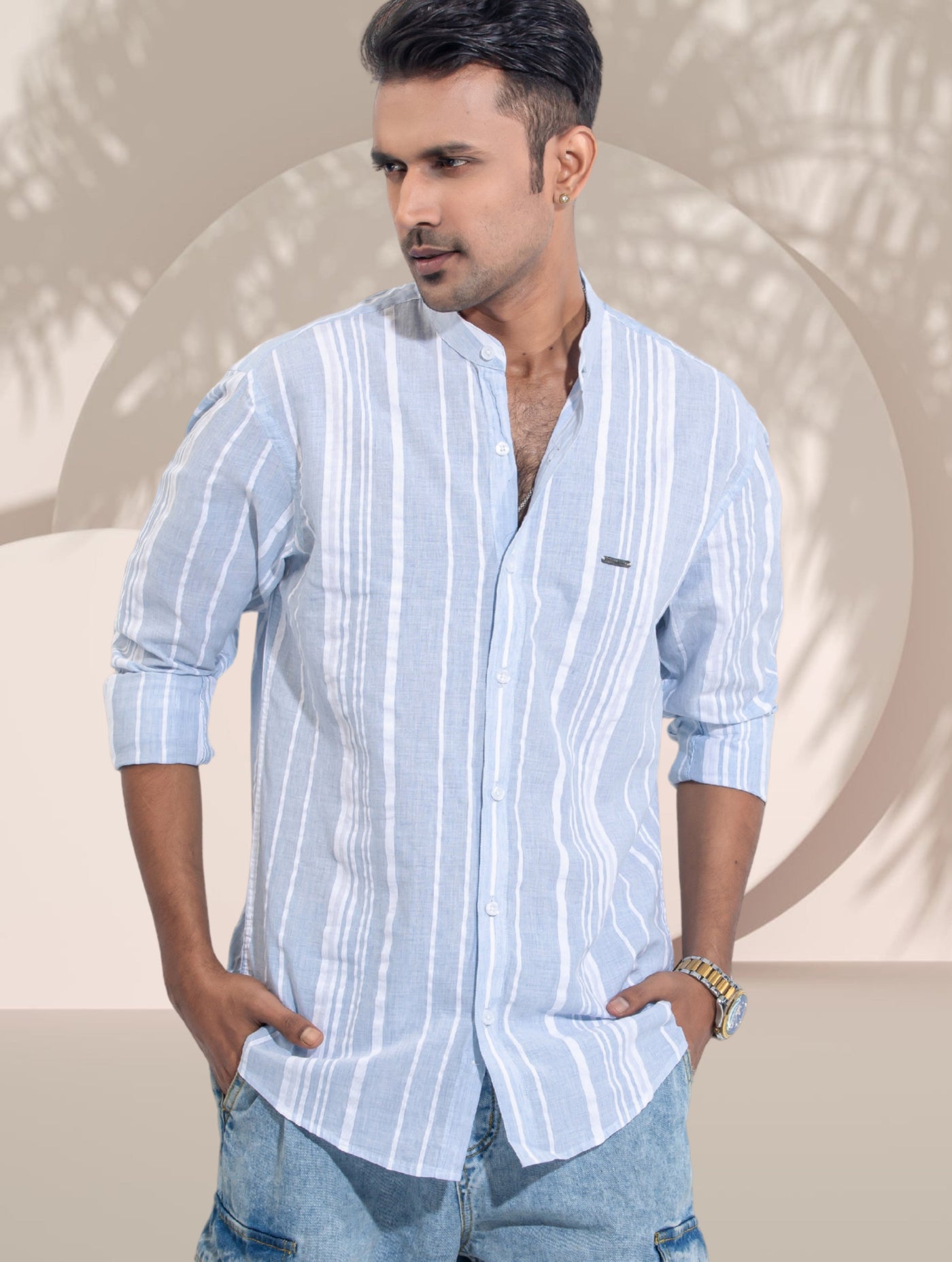 Sky white stripped band collar shirt