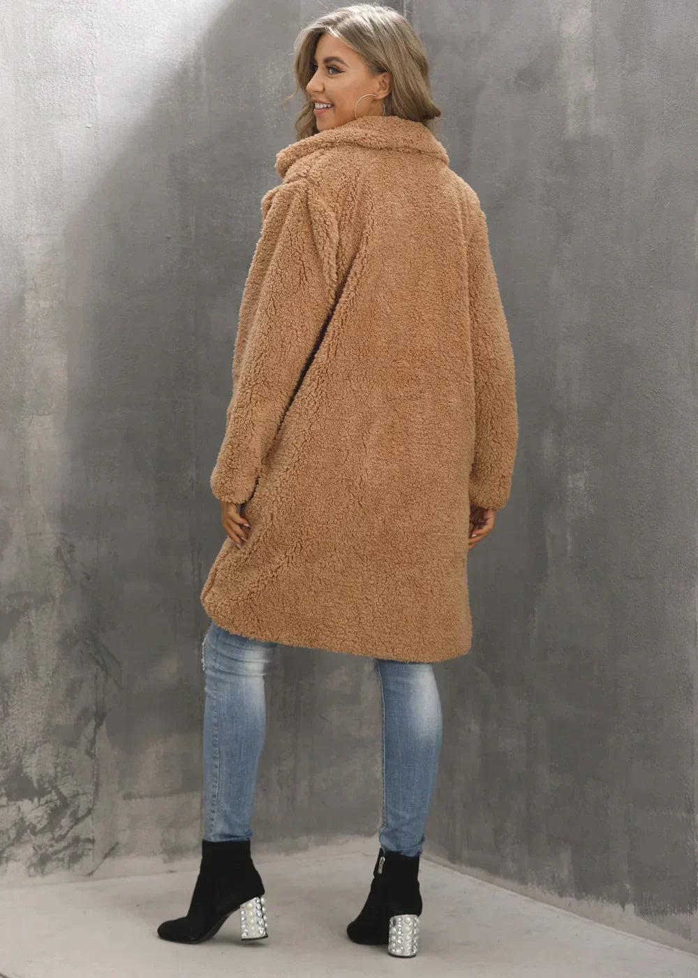 Dame Teddyjakke - Lang Åpen Front - Myk og Varm - Oversized og Komfortabel