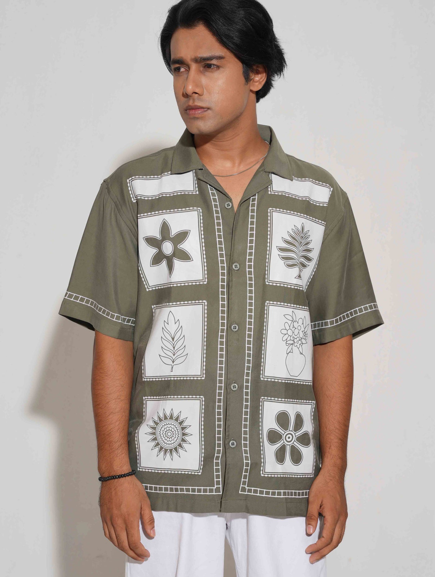 Olive Block Flower printed havana shirt