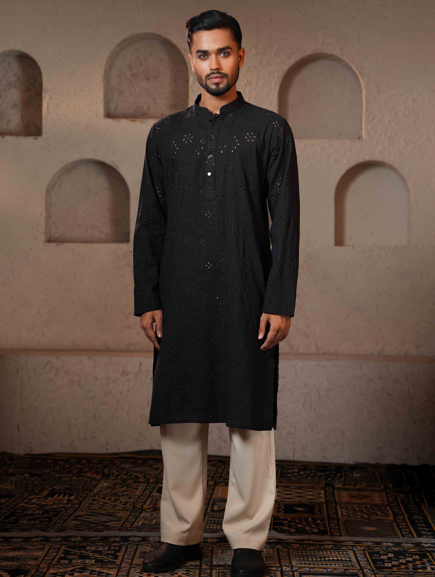 Matte Black Texture Premium Cotton Panjabi