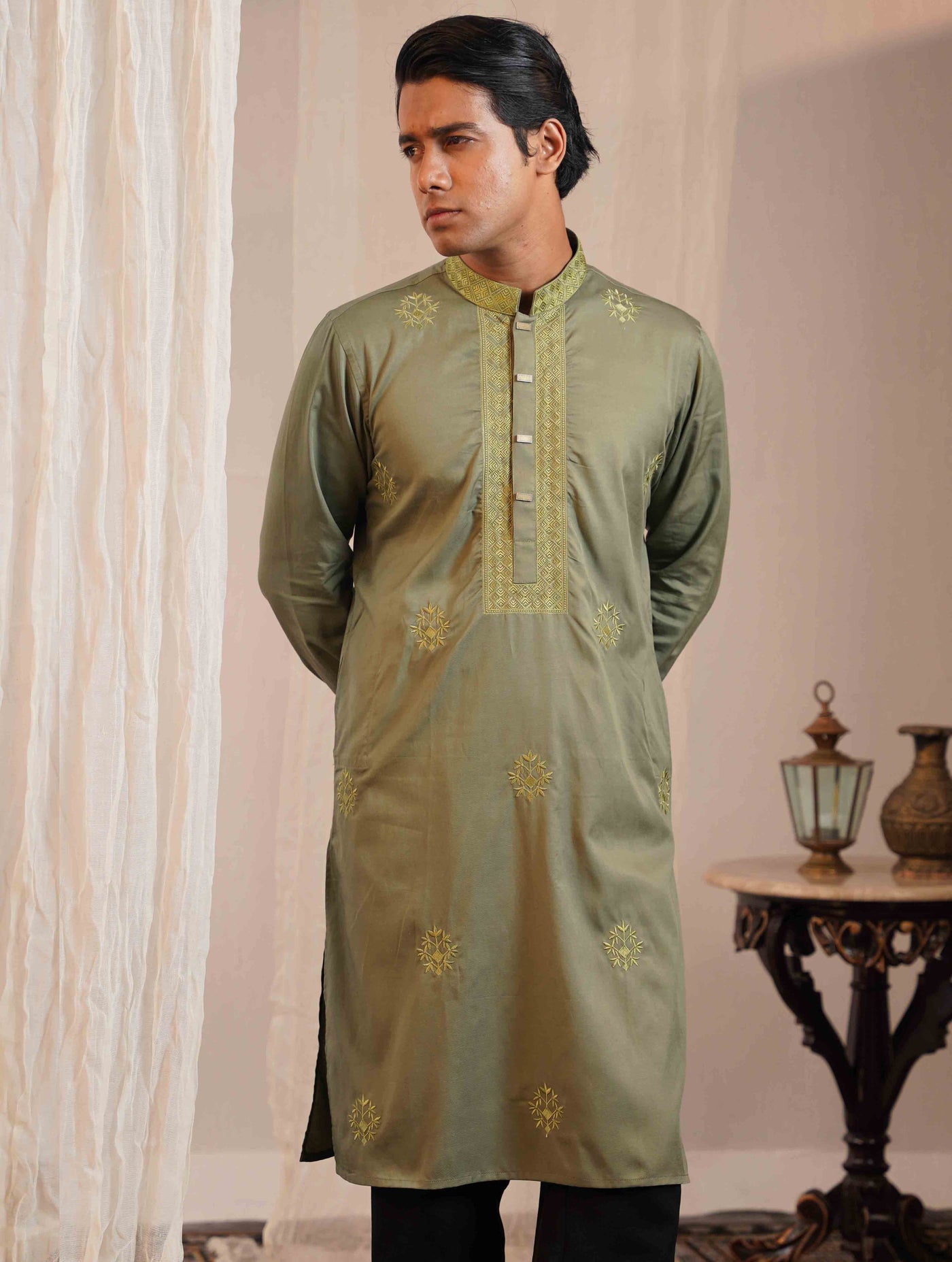 Light Olive color full body chest Embroidery premium Panjabi