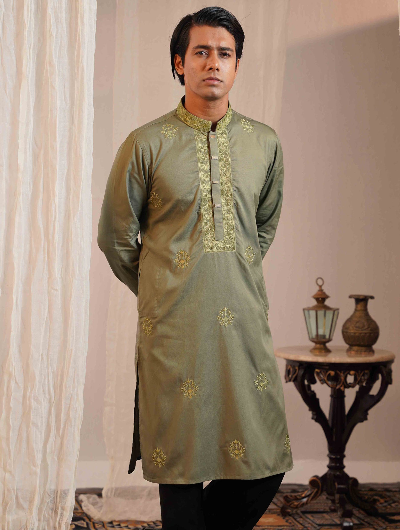 Light Olive color full body chest Embroidery premium Panjabi