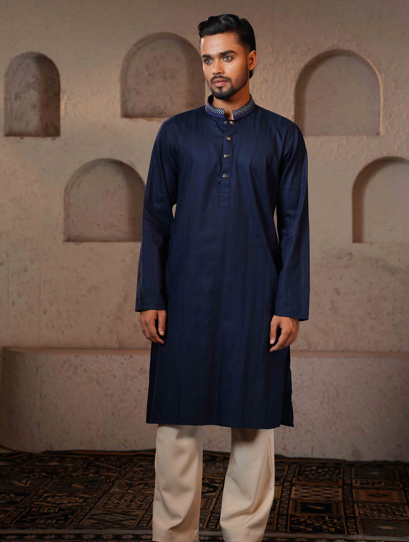 Blue stripe texture collar Embroidery design Premium Panjabi