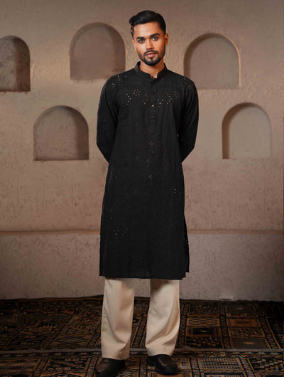 Matte Black Texture Premium Cotton Panjabi