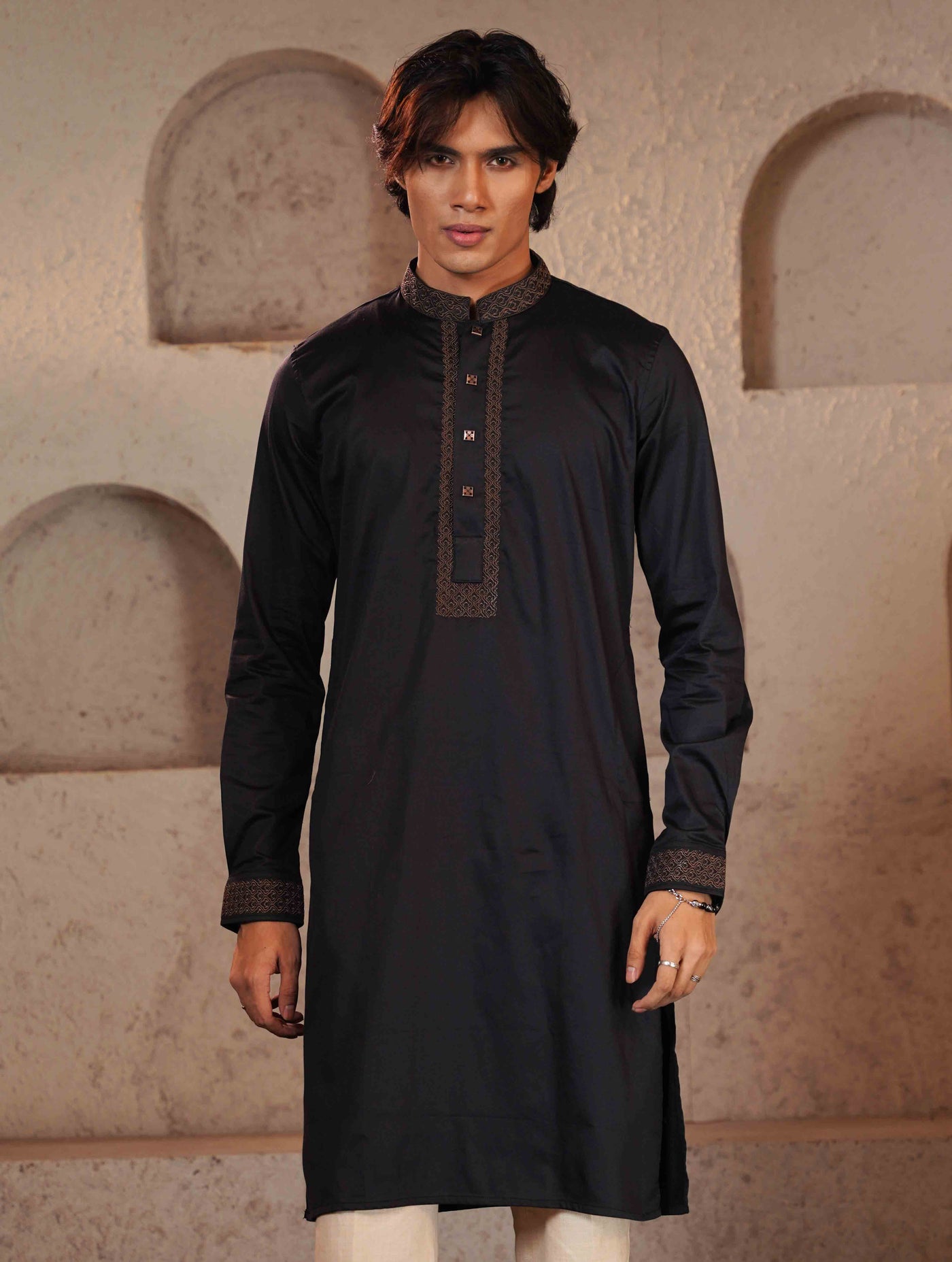 Black Fancy Cotton Embroidery Panjabi