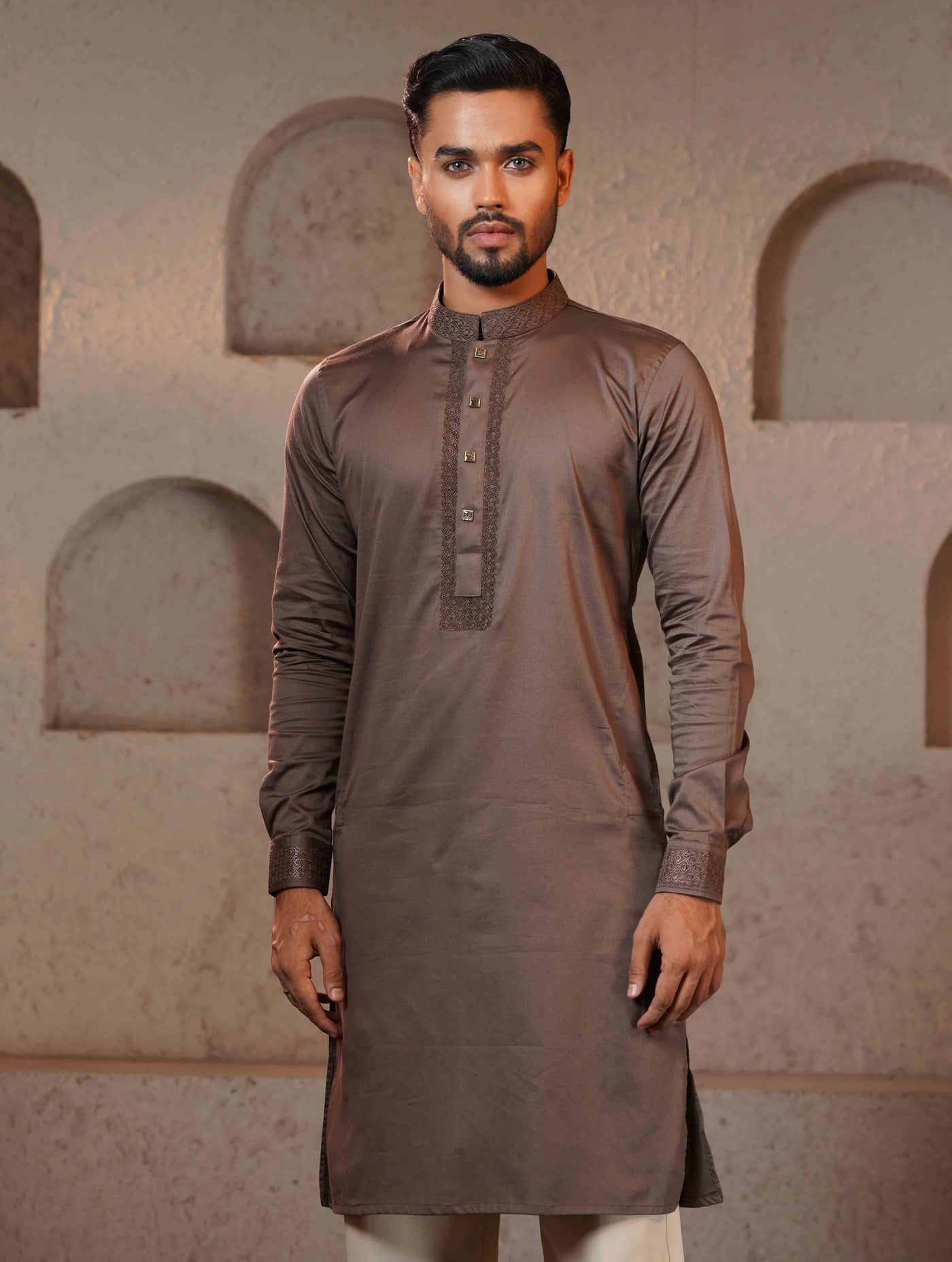 Dark Coffee Collar and Cuff Embroidery design Premium Panjabi