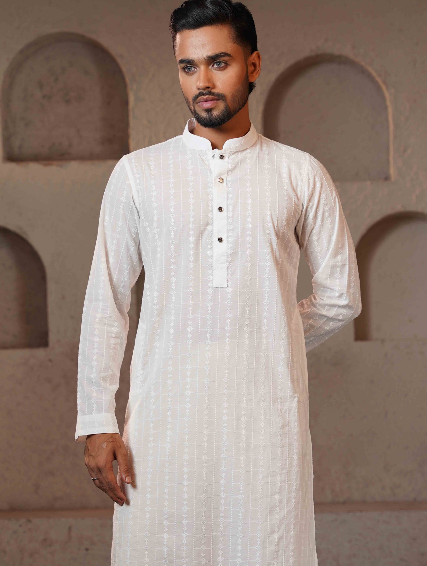 Pearl White Texture Premium Cotton Panjabi