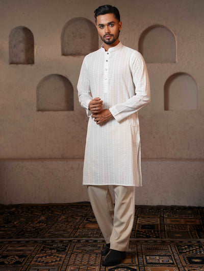 Pearl White Texture Premium Cotton Panjabi