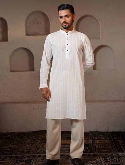 Pearl White Texture Premium Cotton Panjabi