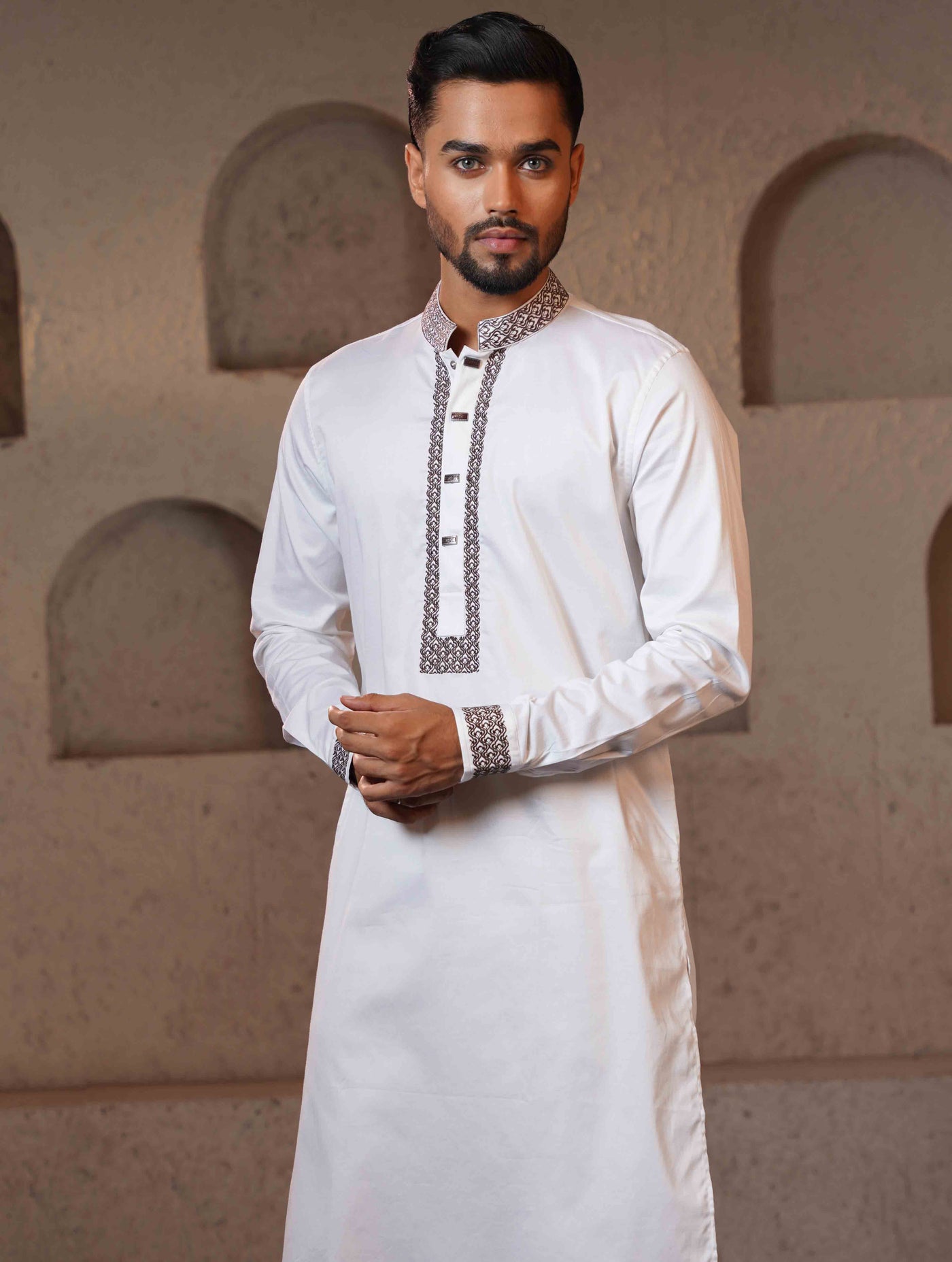 White Coffee Collar and Cuff Embroidery design Premium Panjabi